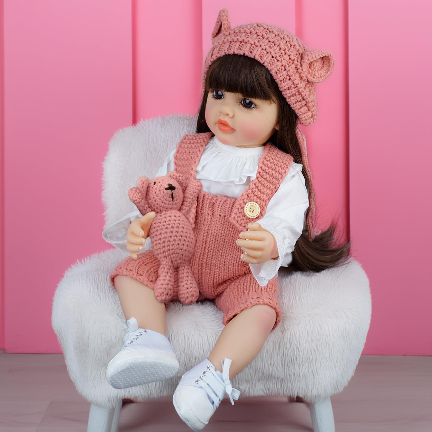 Pinky Lovely 22inch 55cm Reborn Baby Dolls Girl Real Life Full Body Vinyl Newborn Baby Dolls Realistic Looking Brown Long Hair Girl Doll Toy for Ages 3+