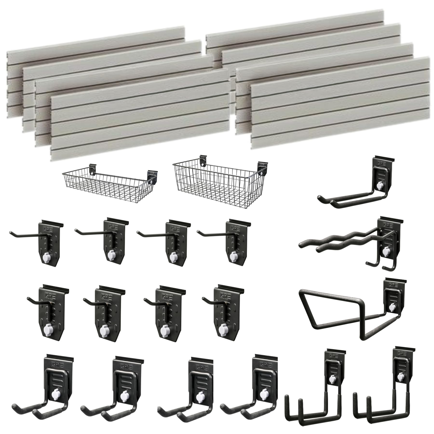 EVOpanel Garage Slat Wall Storage Kit - Heavy Duty Garage Wall Storage Organiser for Your Garage & Garden & Equipement with Twist Lock Mechanism | 19 Accessories | 2.44m (4ft) Panels