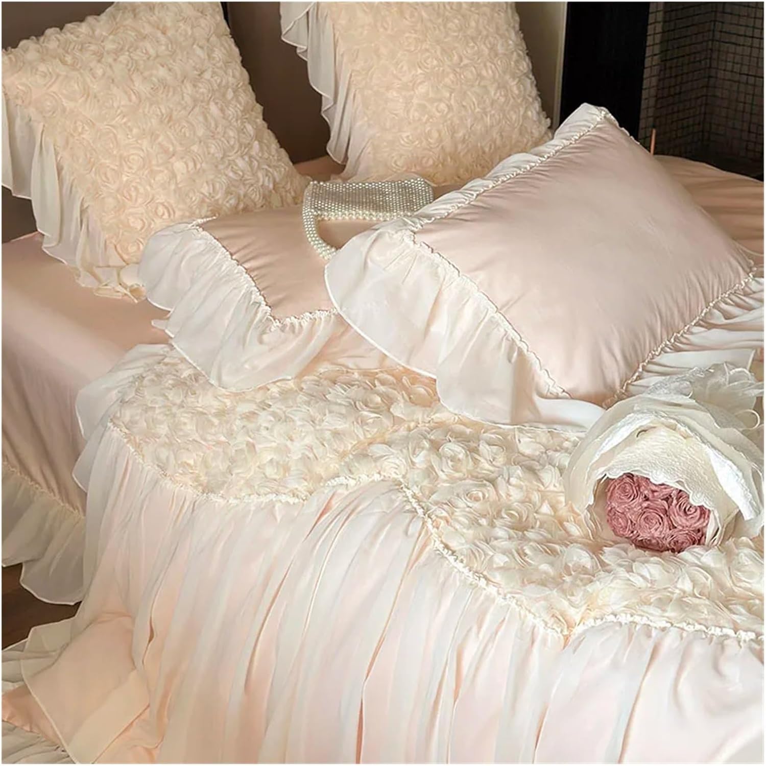 Three-Dimensional Rose Lace Ruffles Patchwork 100S Egyptian Cotton Duvet Cover Bed Sheet Pillowcase Princess Wedding Bedding Set,Bed
