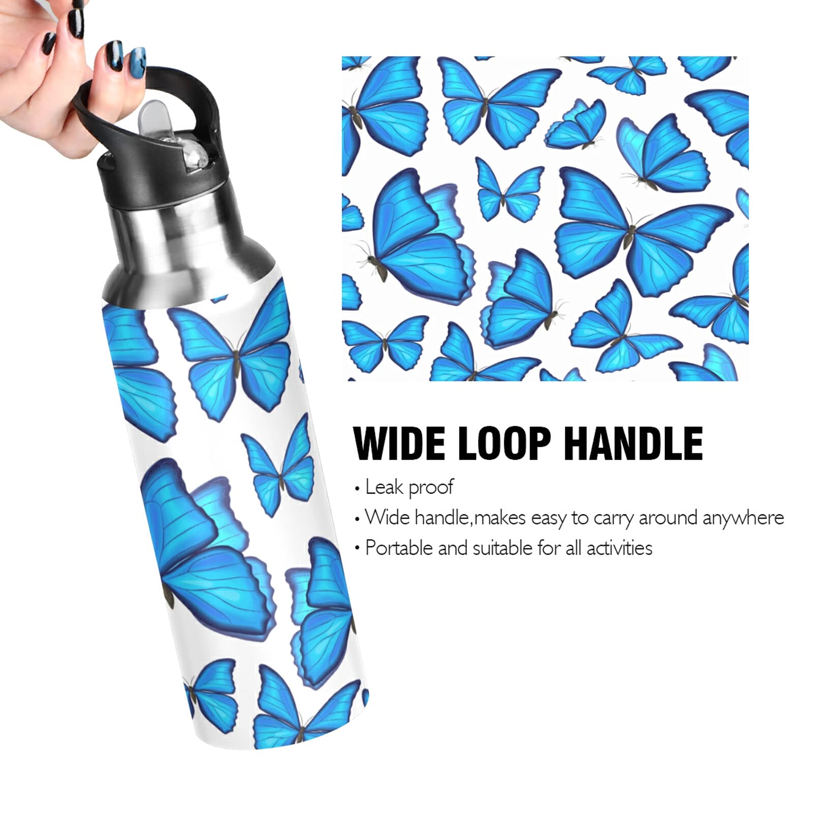 Bouteille d'eau de 650 ml avec paille, gourde de sport en acier inoxydable sans BPA pour salle de sport, cuisine, travail, extérieur