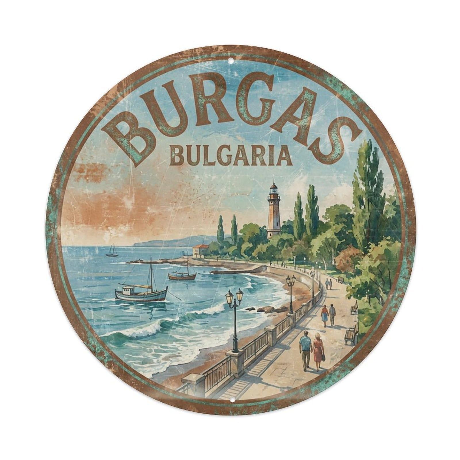 Retro Travel Bulgaria Burgas Vintage Metal Tin Sign Plaque Wall Decor for Cafe, Club Bar, Office, Garden Metal Poster 8x8Inch