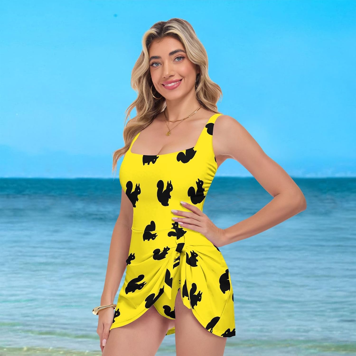 Cute Squirrel Silhouette Yellow Women's One Piece Swimsuits Tummy Control Bathing Suits S A2302240