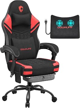 Gaming Chair, Tech Fabric Computer Chair with Massage, Office Chair with Pocket Spring Widened Cushion, High Back Ergonomic Chair with Footrest Lumbar Support Upgraded Metal Legs 350LBS Red