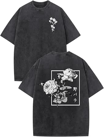 Japanese Graphic Tees for Men Harajuku Rose Flower Floral Shirts Vintage Oversized Streetwear