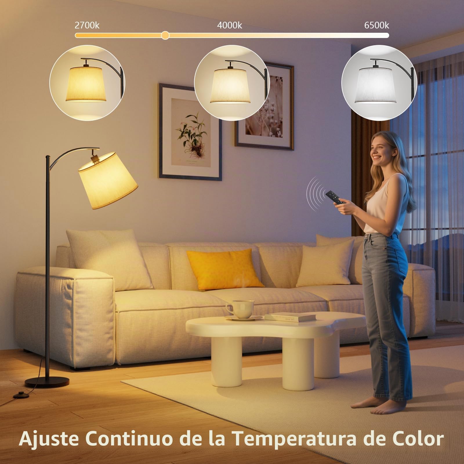 Lámpara de Pie para Salón, Lámpara de Pie Led con Control Remoto, Interruptor de Pie, 3 Temperaturas de Color, Adecuada para Salón, Dormitorio y Oficina