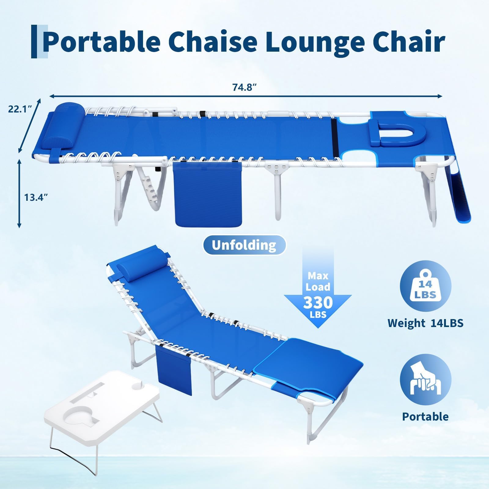Transat de Plage Pliable avec Trou, Chaise Longue Pliable avec Table Pliante, Bain de Soleil Plage avec Appuie-Tête&Poche pour Jardin, Piscine