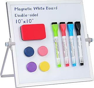 MXG Double Sided Magnetic Dry Erase Board, 10x10 Inch Portable Small White Board with Stand, 360 Rotatable & Adjustable, Includes Markers, Eraser & Magnets, for Office, Home, Desk