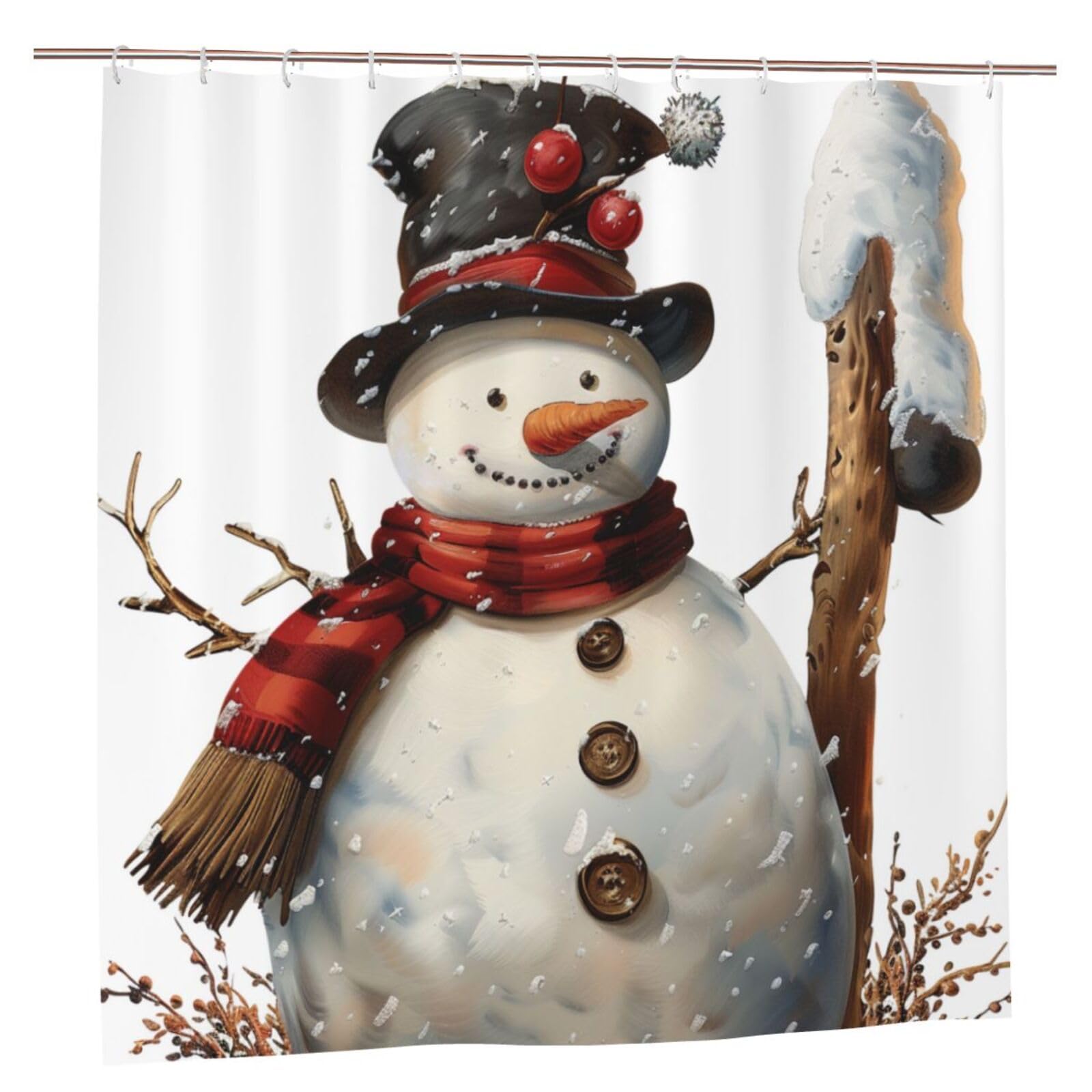BWWHCCTI Snowman Print Printed Shower Curtain With 12 Plastic Hooks Opaque Quick Drying Waterproof Shower Curtains Sets For Bathroom 183x183 CM