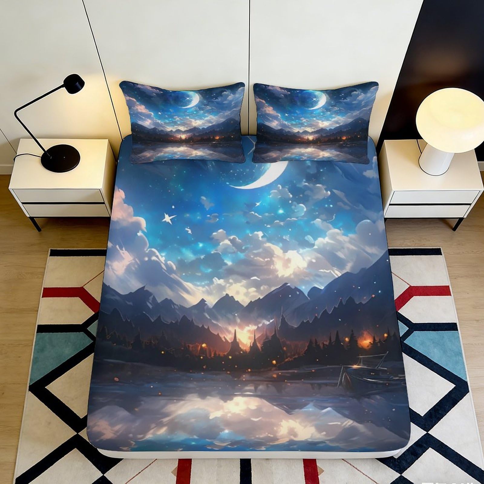3D Printed Moonlight Mountain Fitted Sheet Microfiber Soft Breathable Sunset Lake Mattress Cover for Bedroom Dorm 90x200x25cm