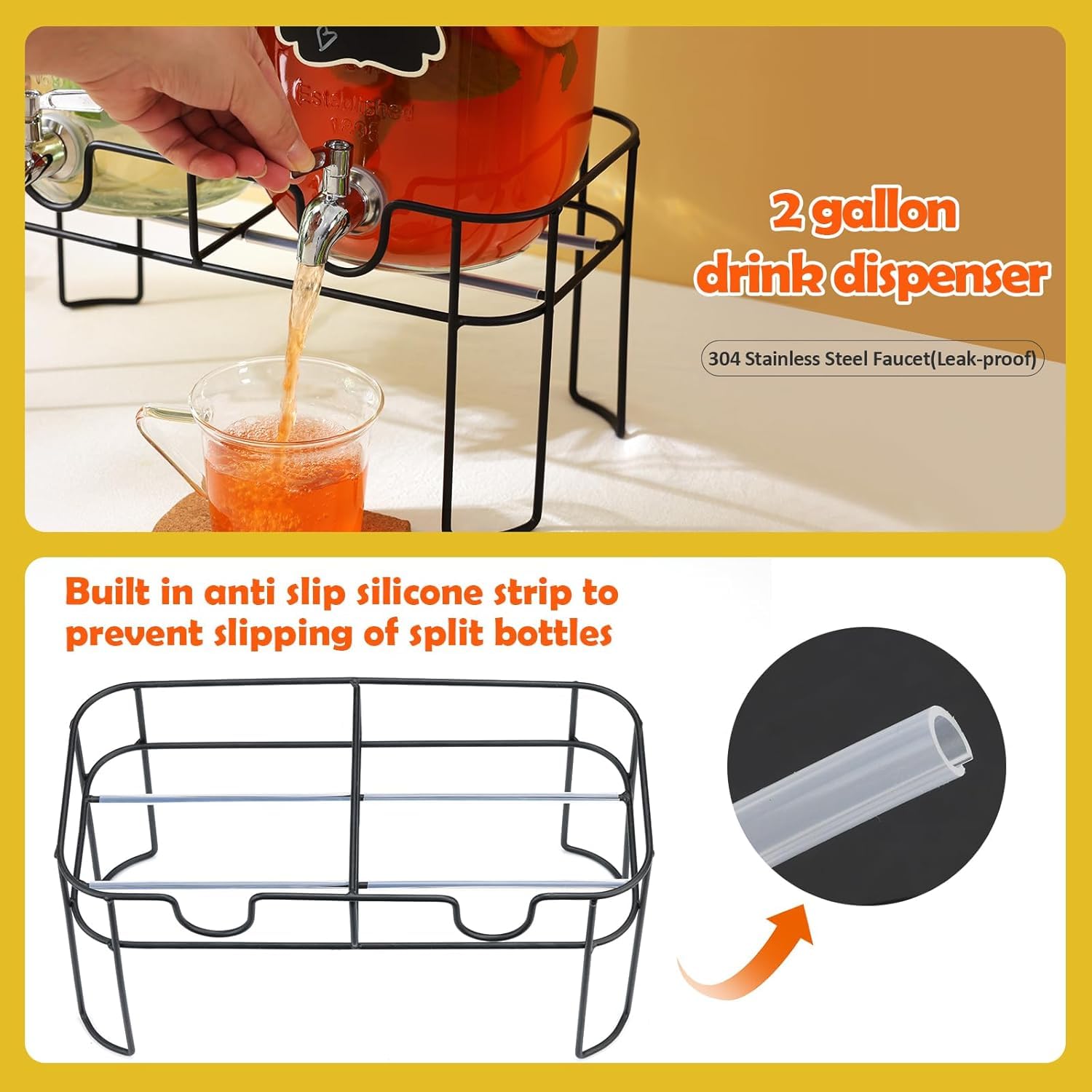 2 dispensadores de bebidas de 4 litros con soporte, dispensador de bebidas de cristal con grifo de acero inoxidable sólido para té helado, agua, bebidas caseras, fiestas, bodas