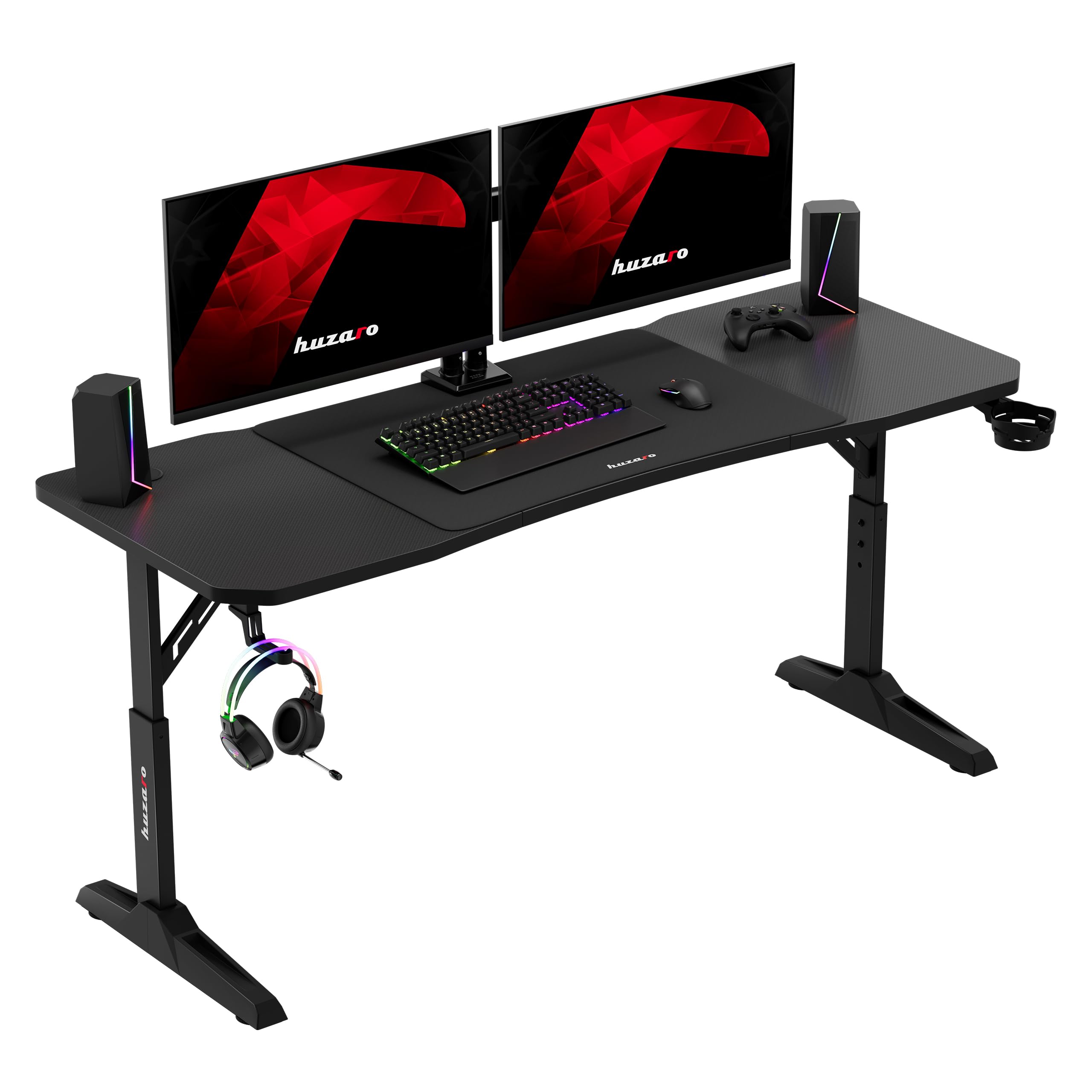 huzaro Hero 4.6 Gaming Tisch höhenverstellbar, Schreibtisch 160x60 cm | mit Carbon Oberfläche, Kabelmanagement, Getränkehalter & Kopfhörerhalter, PC Tisch Büro Home Office, Schwarz