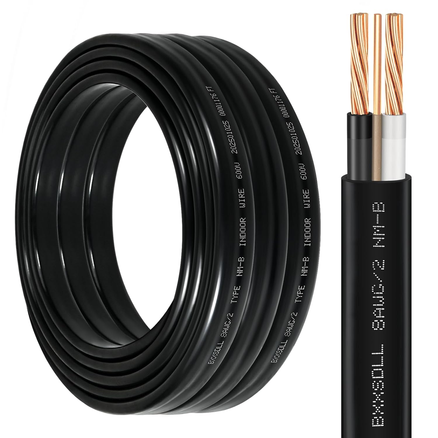 25FT 8/2 NM-B Wire with Ground -8 AWG 2 Conductor Non-Metallic Sheathed Cable, 100% Pure Copper Electrical Wire for Outlets, Switches, Lighting, Residential, Garage Indoor Wiring Projects