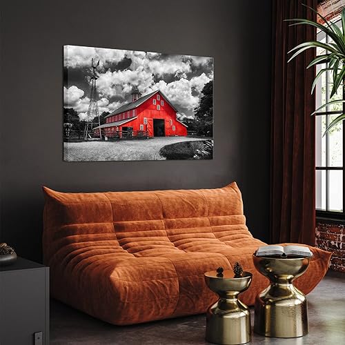 Miniatura 4 de Derkymo Arte de pared de granja negro y rojo, ilustraciones de granero para decoración rústica del hogar, molino de viento rústico de granero,