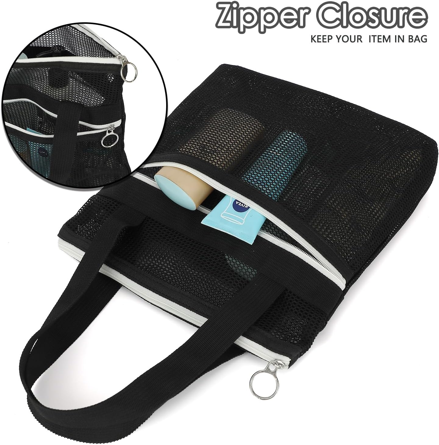 GYEUKHAM Mesh Shower Bag with 2 Zipper Pockets & Dual Handles, Quick-Drying Hanging Shower Caddy for College Essentials,Sunscreen,Dorm, Gym, Travel & Camping, Black