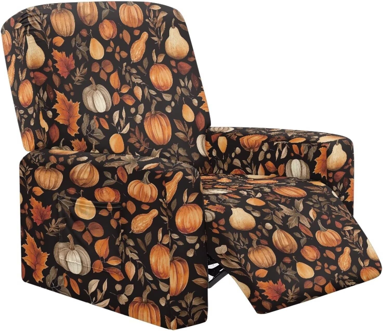 FOR U DESIGNS Pumpkin Leaves 4-Piece Stretch Recliner Slipcovers with Storage Pockets Non-Slip Elastic Edges Easy Install Washable Cover for Living Room Furniture Protector