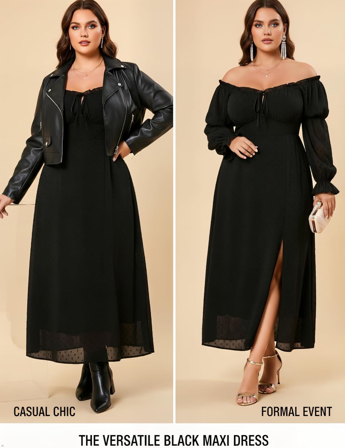 Women's Plus Size Formal Dress - 2 Neck Styles,Cinched Waist,Slit & Sheer Long Marie Sleeves Maxi Dresses - Image 4