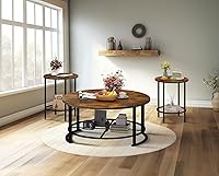 Vista 28 de Recaceik Juego de 3 mesas auxiliares redondas y mesa auxiliar con almacenamiento, moderna mesa de centro negra vintage y mesa auxiliar para sala