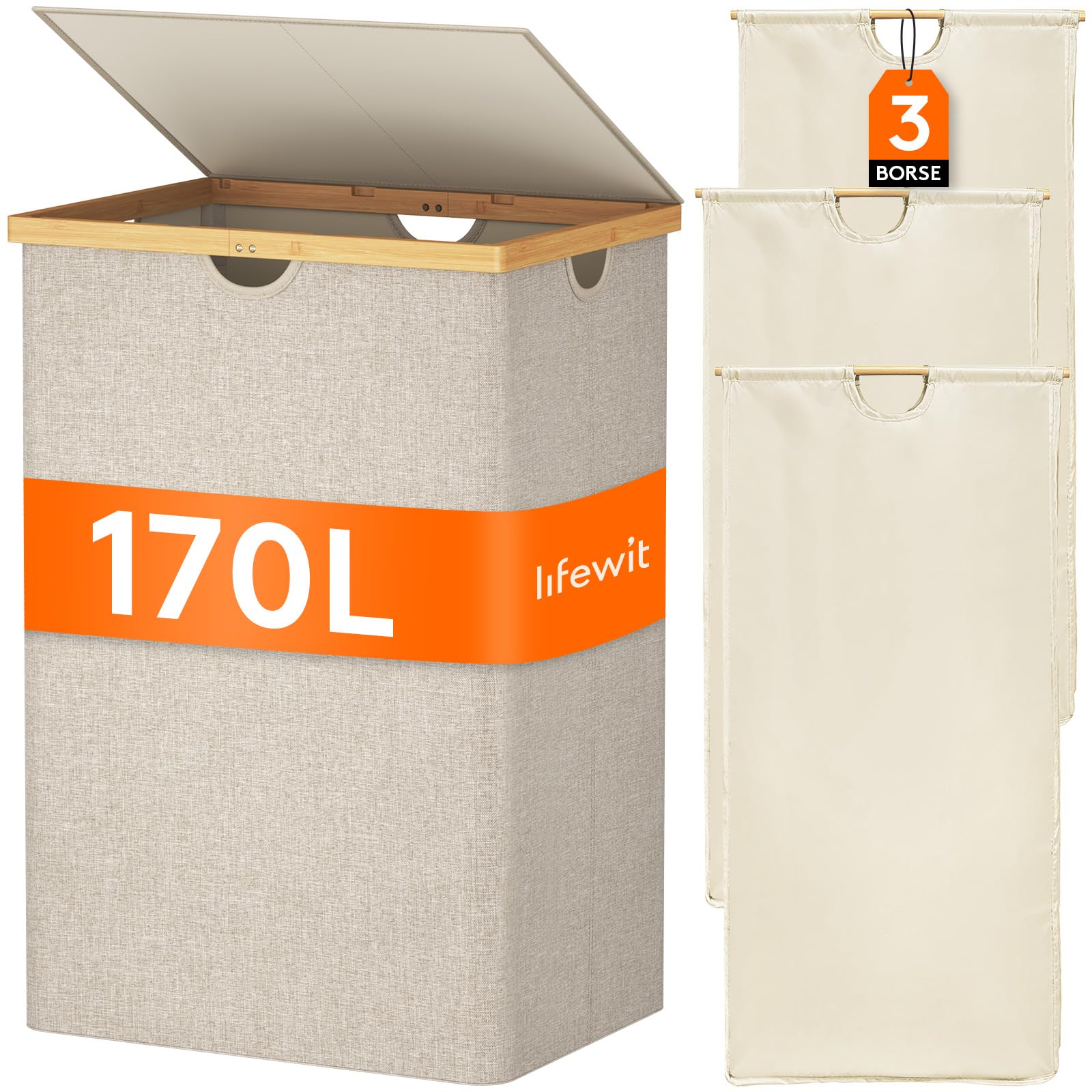 Lifewit 170 L Cesto Portabiancheria in Bambù, Grande Portabiancheria Sporca con Coperchio, Cesta Biancheria Pieghevole con Sacchi Rimovibili per Camera, Bagno, Lavanderia, Beige