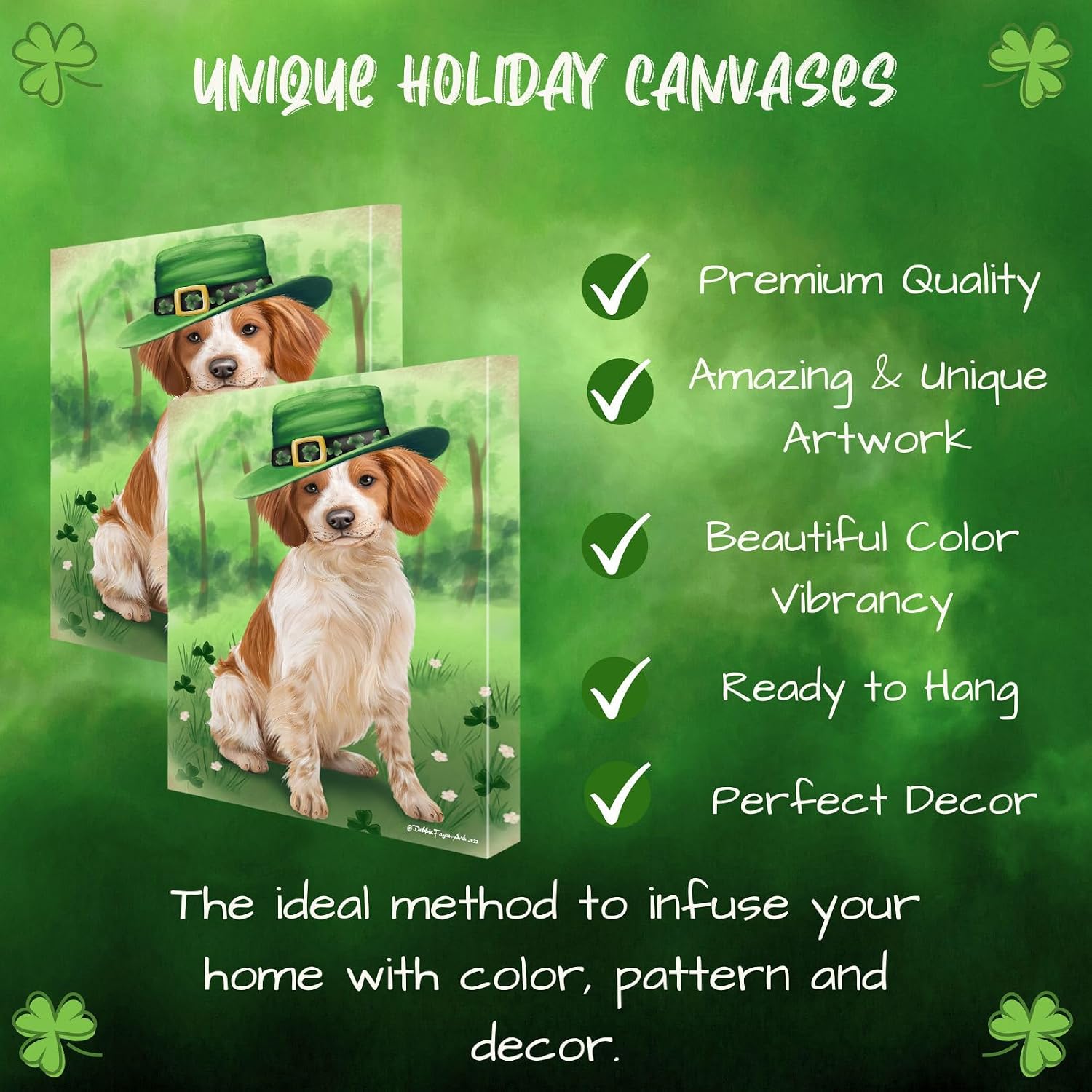 St. Patricks Day with Brittany Spaniel Dogs Canvas Wall Art - Premium Quality Ready to Hang Room Decor - Flat Rolled 8" x 10"