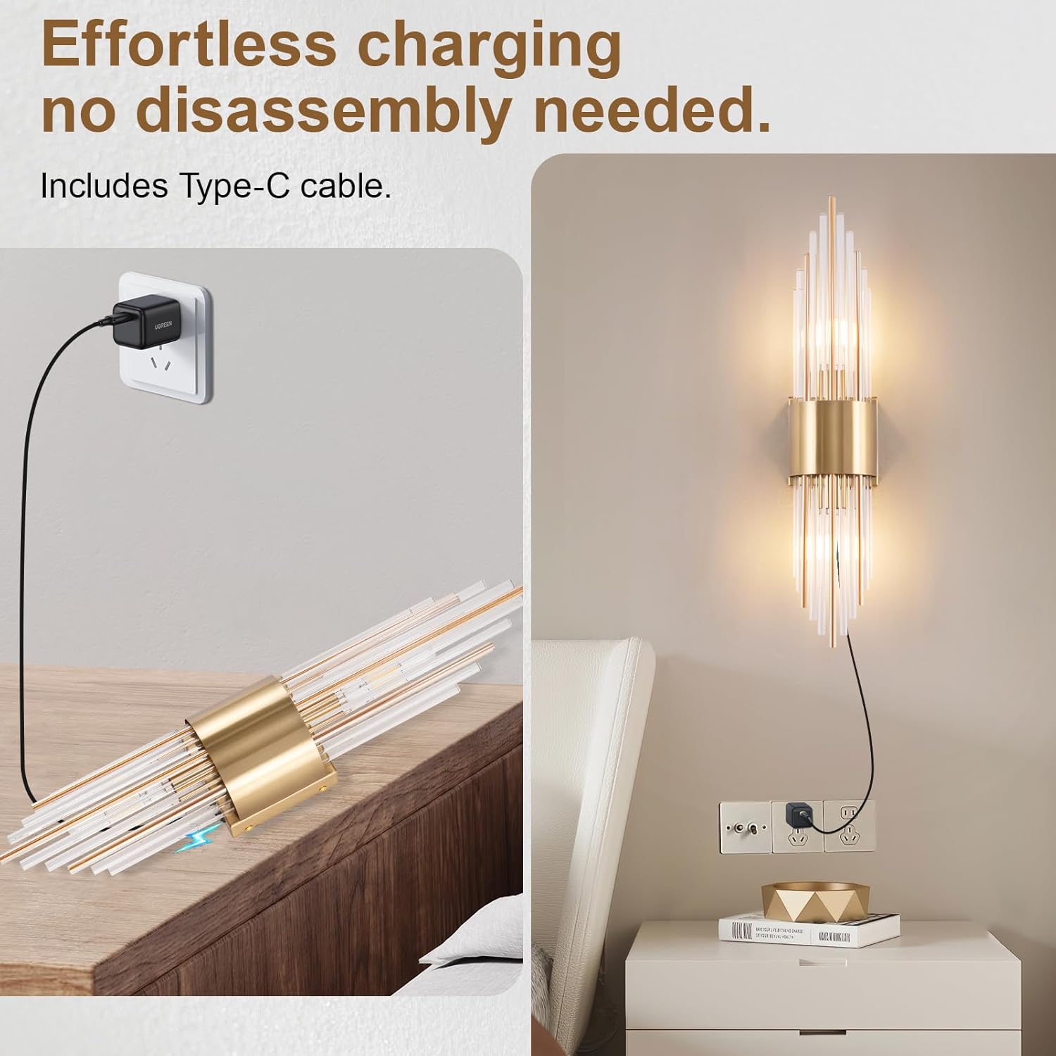 Battery Operated Wall Sconce 2-Light Modern Crystal Wall Sconces Gold Vanity Wall Light with Frosted Glass Luxury Wall Light Fixtures for Bedroom Living Room Dining Room Vanity Mirror Light