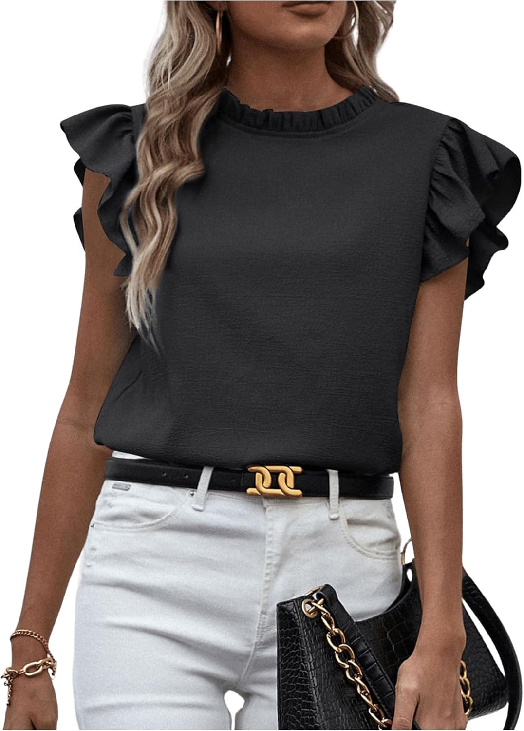 SweatyRocks Women's Ruffle Sleeve Summer Top Mock Neck Dressy Casual Blouse - Image 6