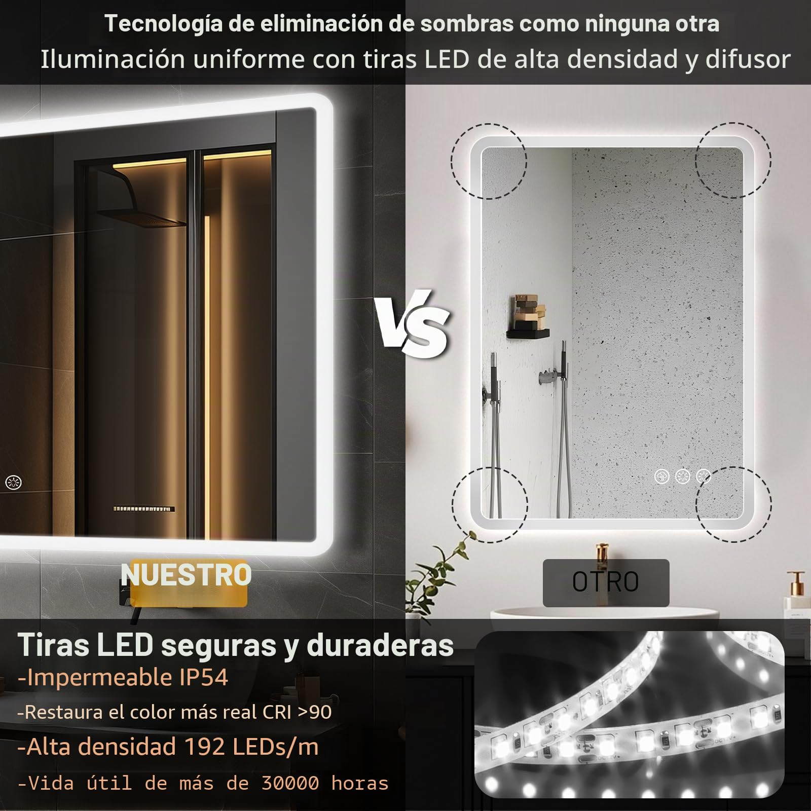 Ratsamee Espejo Baño con Luz 100x70cm, Espejos de Baño con LED con Antivaho, Regulable, 3 Colores Luz, Función Memoria