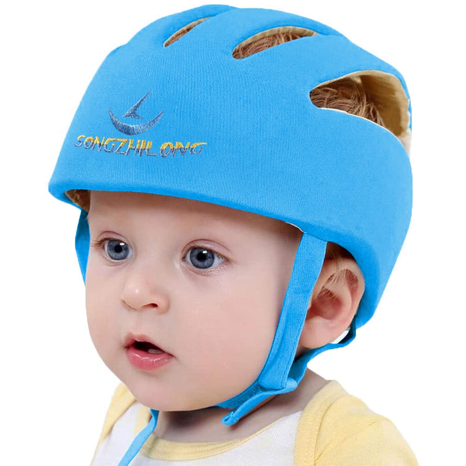 IULONEE Casco Bambino Neonati Cappello di Testa Cotone Regolabile Sicurezza Blu