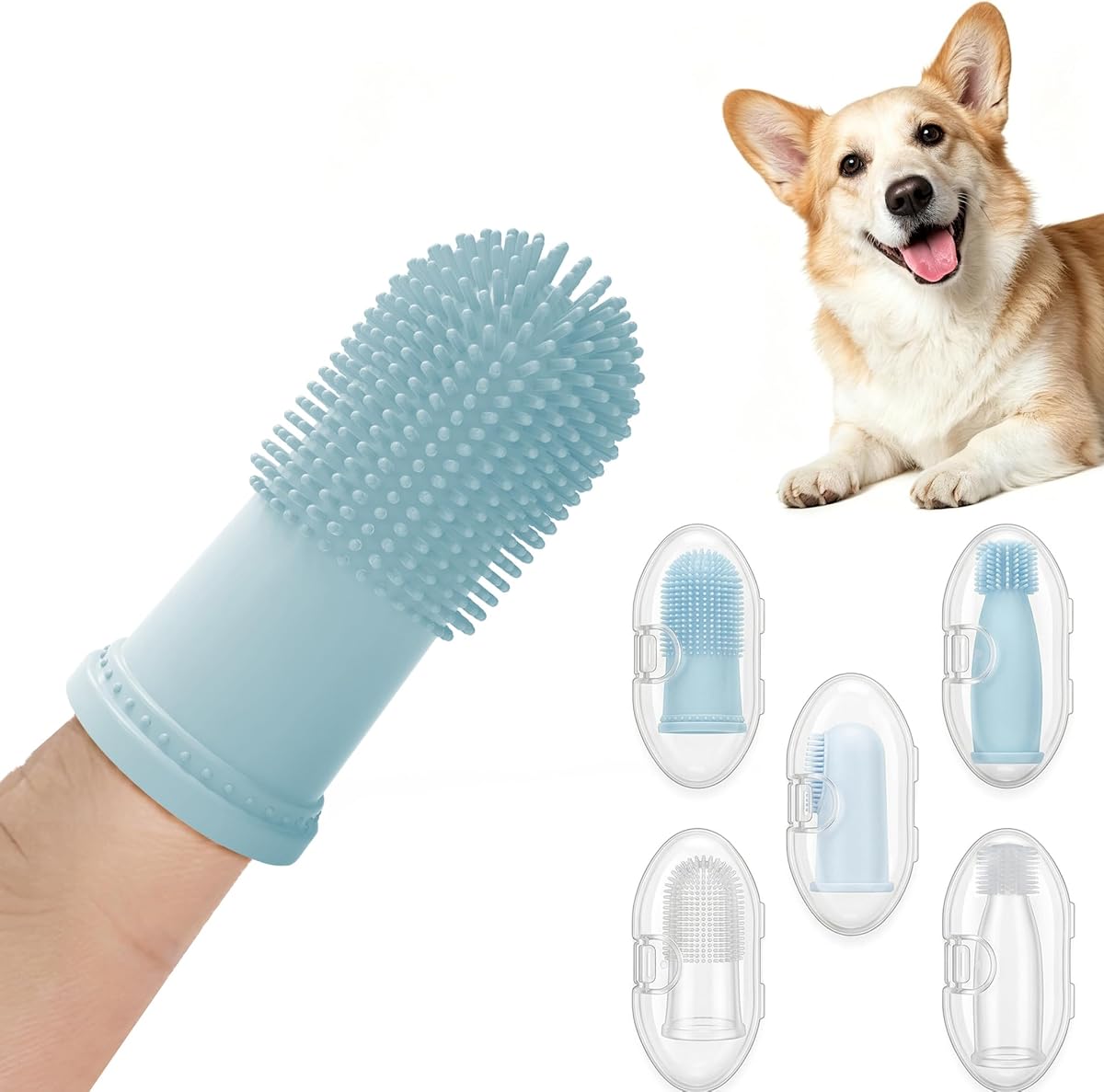 Cepillo de dientes para dedos de perro, cepillo de dientes de silicona para perros, kit de cepillado de dientes para perros | Paquete de 5 con estuches, cepillo de dientes dental para mascotas de cerdas suaves, varios tamaños para adaptarse a mascotas pequeñas y grandes