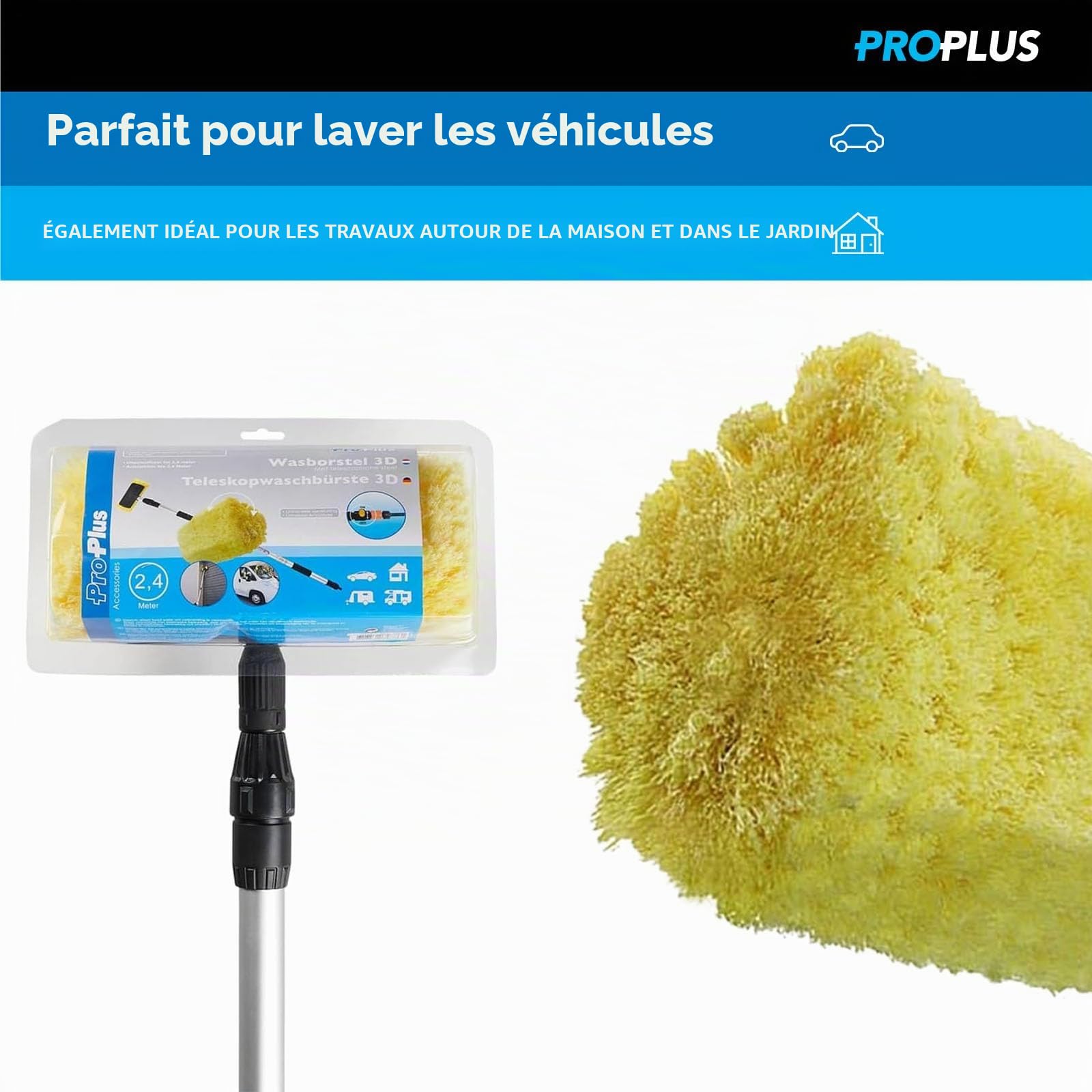 ProPlus 150685 Brosse de Lavage 3D, Manche Télescopique, 2.4 mètres, Jaune/Noir