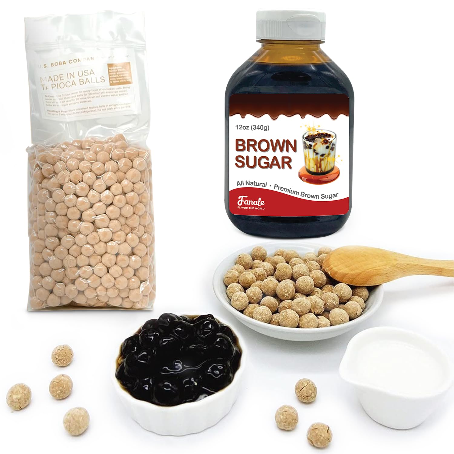 Fanale Brown Sugar Boba Tea Kit with Boba Pearls, US Boba Co Tapioca Pearl Made in USA 1 Pound, Brown sugar boba milk tea, Hand Crafted Brown Sugar Syrup 12 oz for Bubble Milk Tea Coffee Desserts