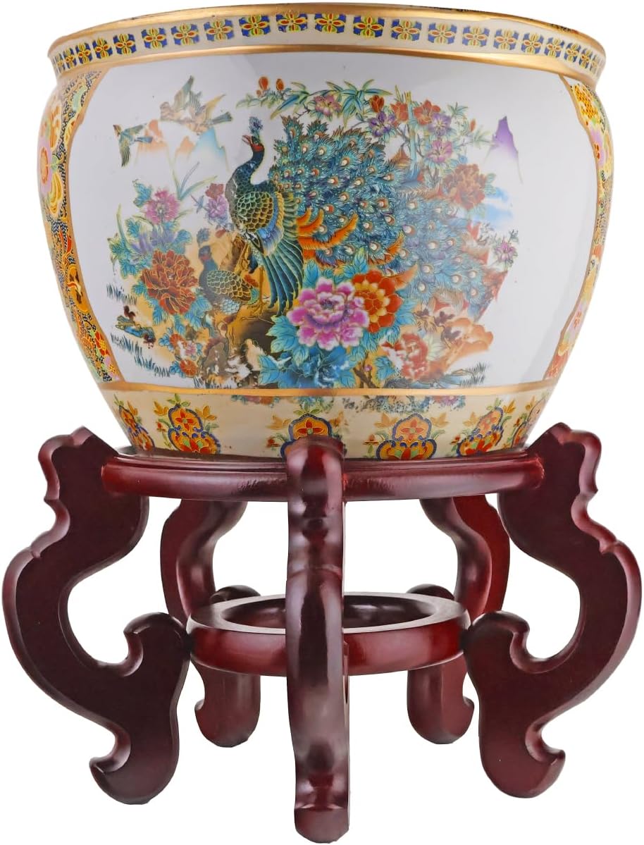 Oriental Furnishings Chinese Porcelain Fishbowl Planters in Satsuma Geishas (12" W x 9" H | Base 7.875")