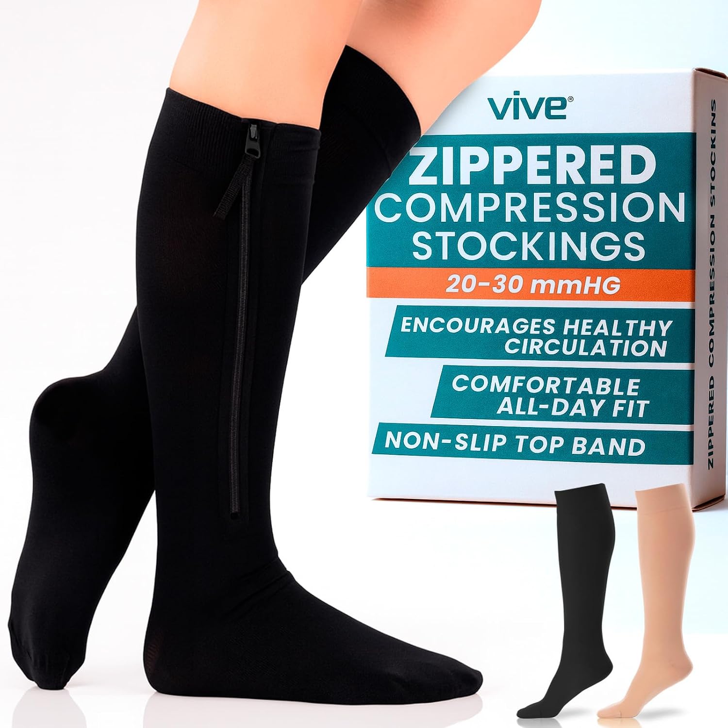Vive Compression Socks with Zipper for Men & Women - 20-30mmHg Closed Toe Stocking for Varicose Veins Treatment, Medical Grade, Post-Surgery Support, Swelling Edema, Hiking, Pain Relief For Elderly