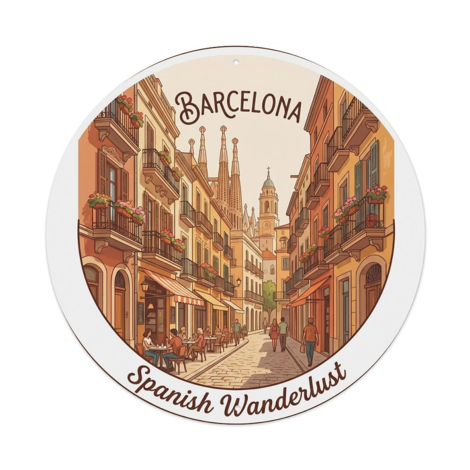 Vintage Travel Barcelona Street Scene Catalan Metal Tin Sign Plaque Wall Decor for Cafe, Club, Garden Round Metal Poster 8x8Inch