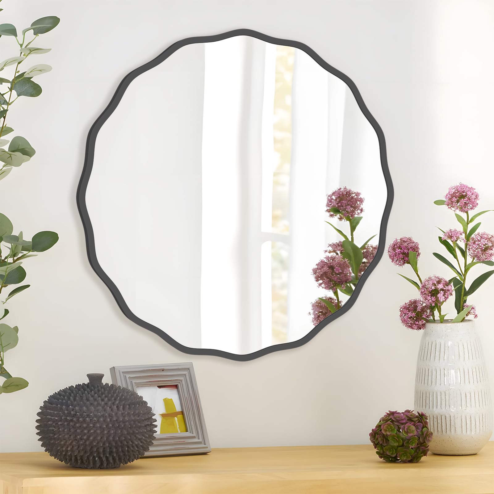 Amazon.co.jp: FUWU HOME ブラック ラウンド ウェーブ ミラー 壁