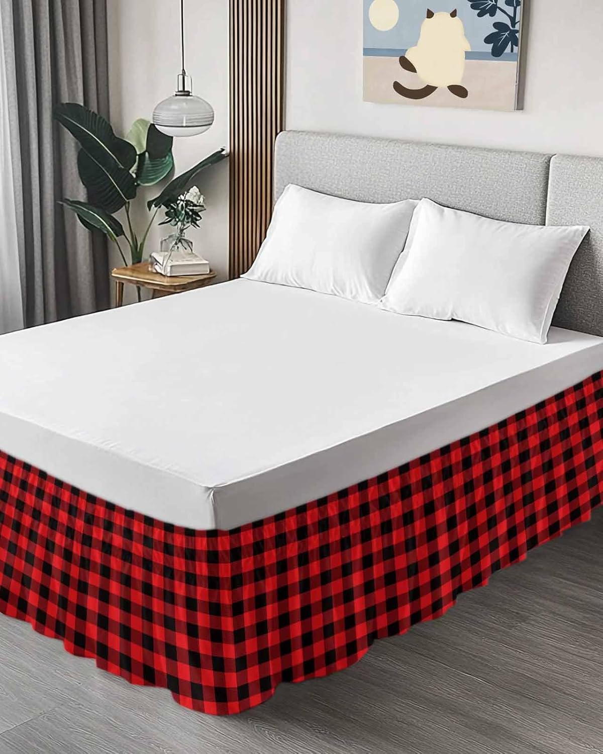 Wrap Around Bed Skirts for Queen Beds, Christmas Red and Black Buffalo Plaid Ruffle Bed Skirt with Adjustable Elastic Belts Easy Fit 16 Inch Drop