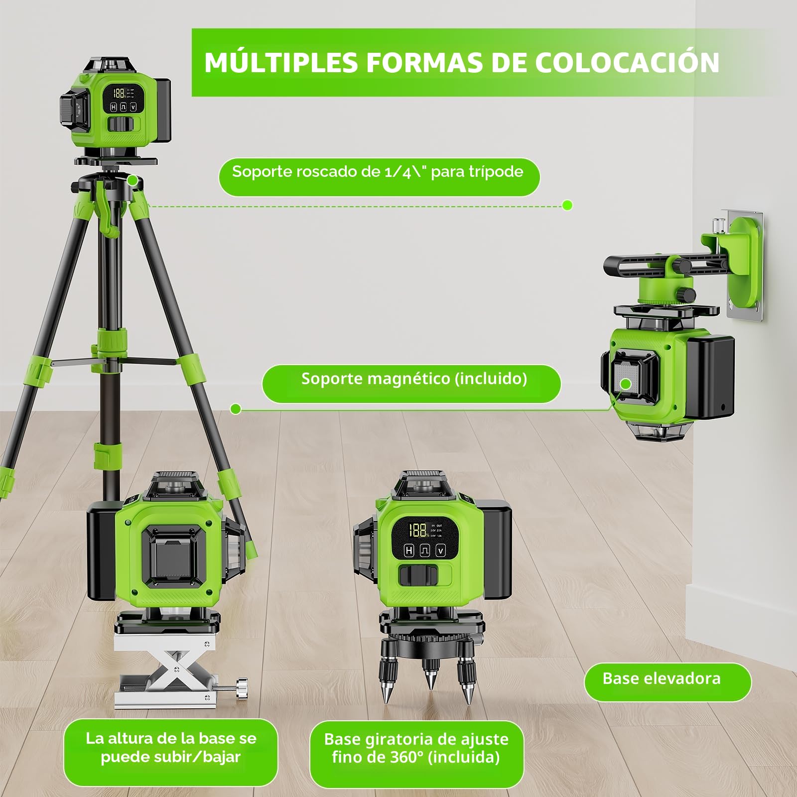 Nivel Laser Autonivelante 360 Grados, Nivel Láser Verde 16 Líneas, 2 x 360 Horizontal y 2 x 360 Verticales, 2 x Batería, Montaje en Pared, Control Remoto, Base Magnética, Soporte Giratorio, Trípode