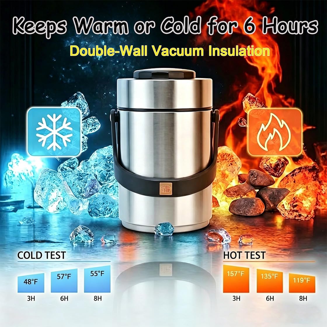 67oz Adults Stainless Steel Vacuum Insulated Thermal Lunch Box | 3 Tier Stackable Sealed Leak-Proof Wide Mouth Portable Bento Food Container for Soup Office & Outdoor (Silver)