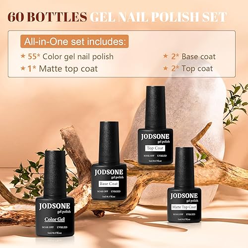 Miniatura 2 de JODSONE Kit de iniciación de 60 esmaltes de uñas de gel, 55 combinaciones de colores claros y oscuros, verde esmeralda, azul Klein, capa base que no