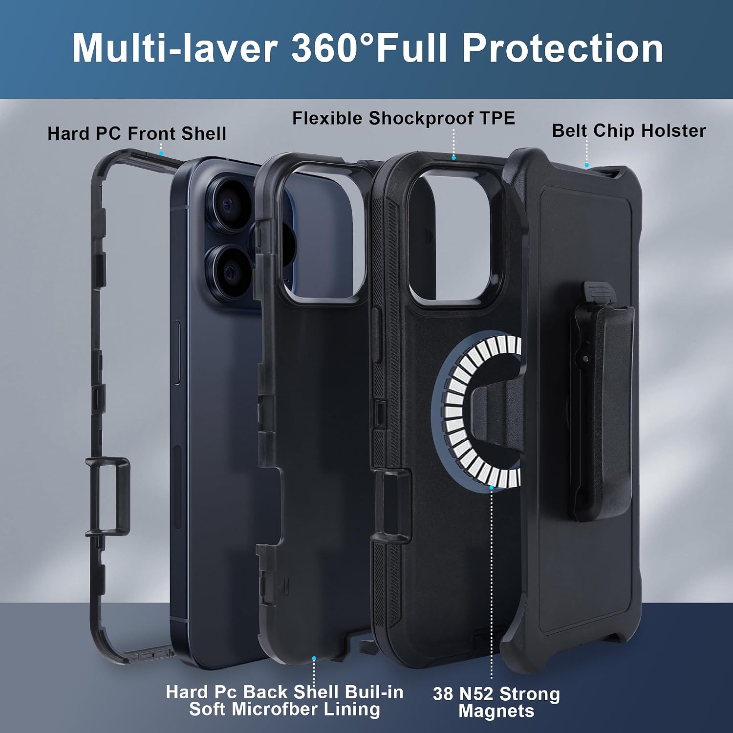 for iPhone 16-Pro-Max Case with Belt Clip, Compatible with Magsafe, Rugged Shockproof Military Drop Protection Full Body Heavy Duty Magnetic Phone Cover Holster Kickstand Case 6.9'', Black