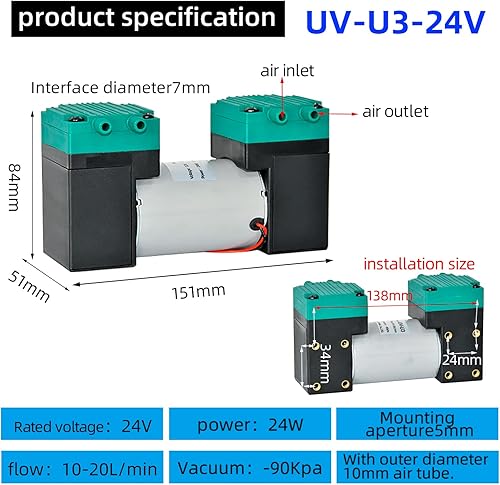 Miniatura 7 de VUYOMUA 1224V 10W -80KPa 15LMin Mini bomba de aire DC Bomba de vacío de diafragma silencioso sin aceite succión de vacío eléctrica (VN-C112V)