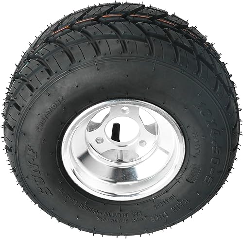 Miniatura 6 de Paquete de 4 neumáticos y llantas Go Kart de 5 pulgadas 10x4.50-5 y 11x7.10-5 neumáticos de 3 pernos Go Kart ruedas delanteras y traseras para
