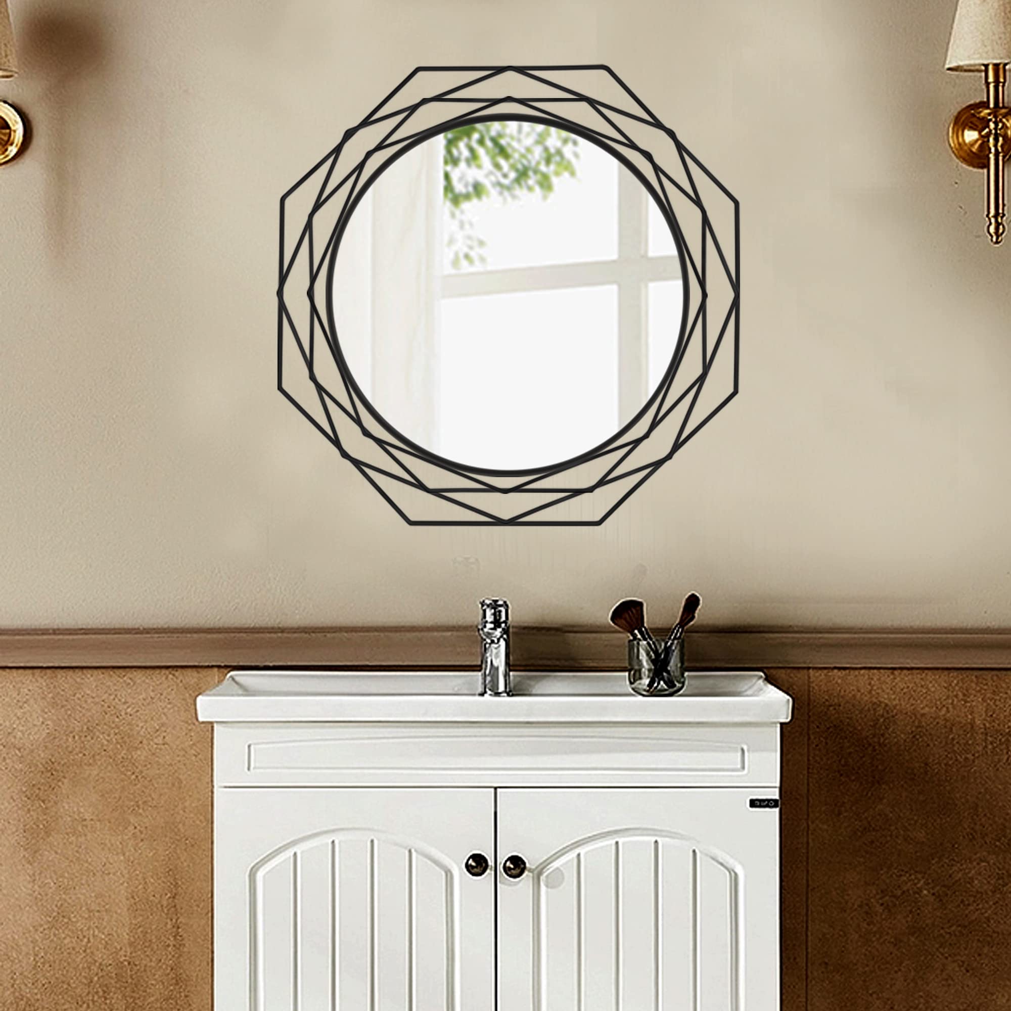 Yamyeud Decorative Wall Mirror Round Mirrors - Black 24 Inches Geometric Circle Mirror Personality Hanging Mirrors for Living Room, Bathroom, Bedroom, Entryway
