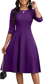 Casual Midi Dresses for Women A-Line Fit and Flare Elegant Church 3/4 Sleeve Crew Neck Dress with Pocket