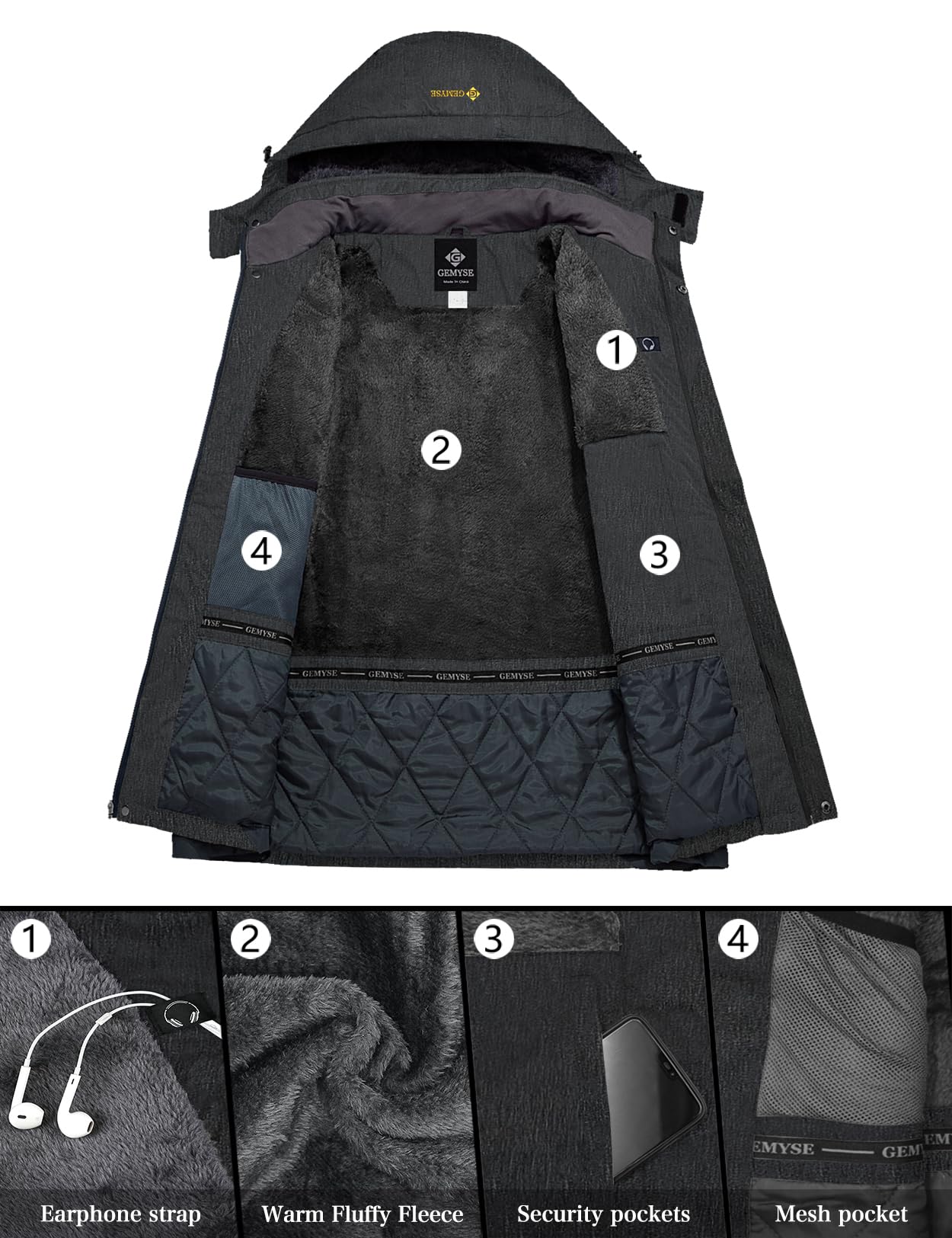 GEMYSE Uomo Giacca da Sci impermeabile montagna Giacche Pile invernale antivento Cappotto con Cappuccio