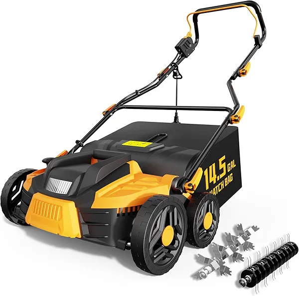 Grelawner 15.5 Amp 16-Inch Electric Dethatcher and Scarifier, Lawn Dethatcher with Foldable Design, 14.5-Gallon Bag, 5-Position Depth Adjustment, Quick Blade Replacement, Ideal for Healthy Lawn Care