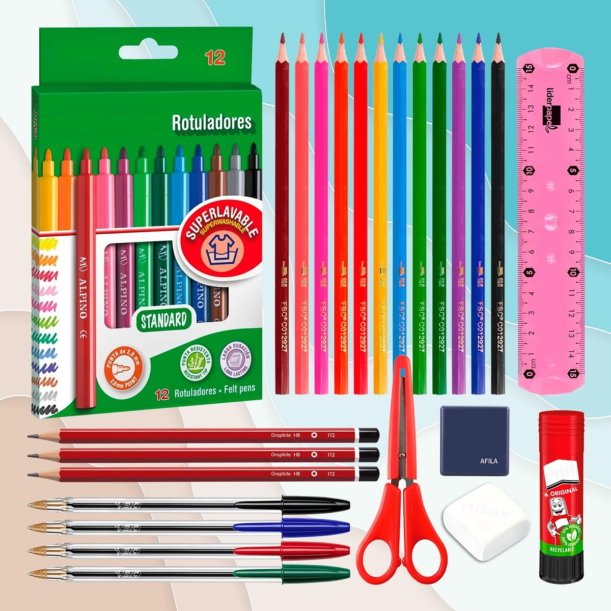 ColePack Design - Lote de Estuche Portatodo Triple con 3 Cremalleras y Material Escolar de Primeras Marcas Incluido (Cute)