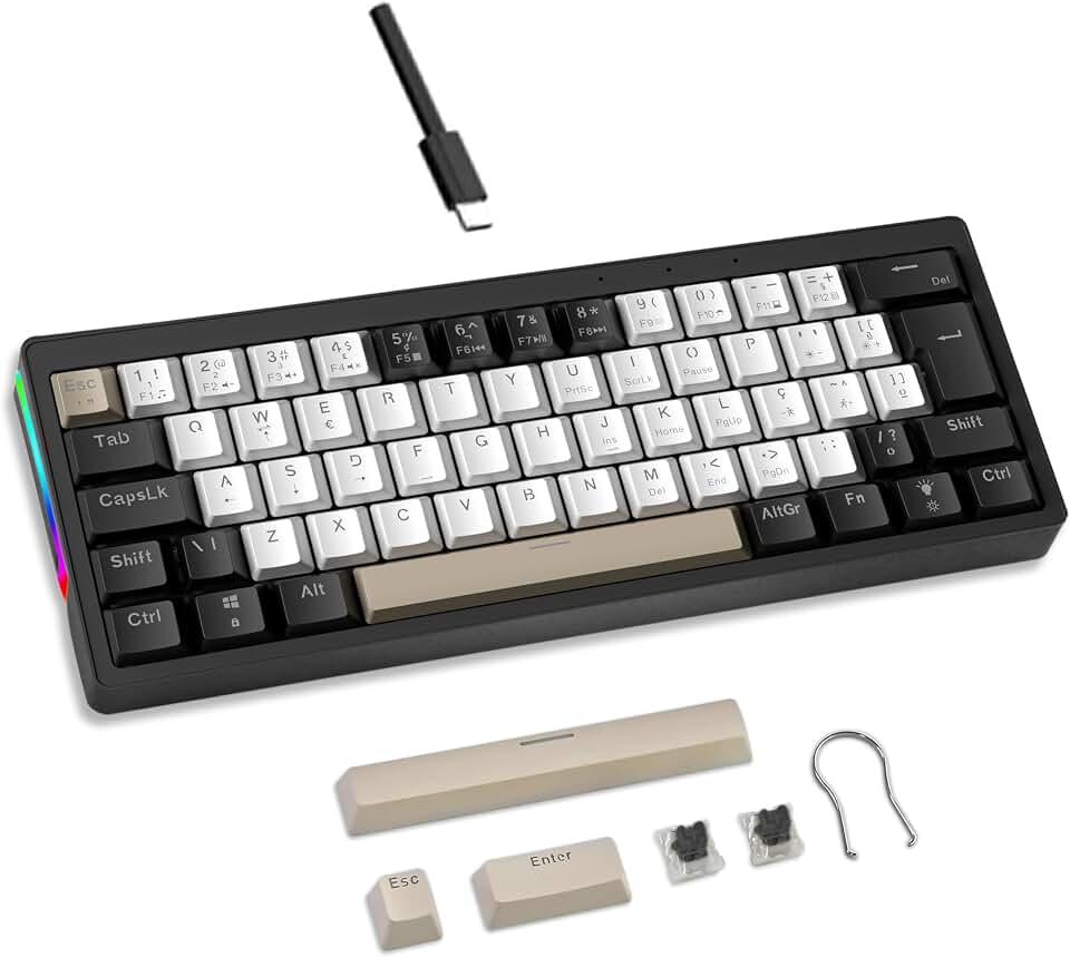 Mini Teclado Mecânico Formato 60% com Fio, Teclas Removíveis, Retroiluminação RGB, 61 Teclas para Jogospara Windows, laptop, PC, Mac - (Branco e Preto-switch Mudo)