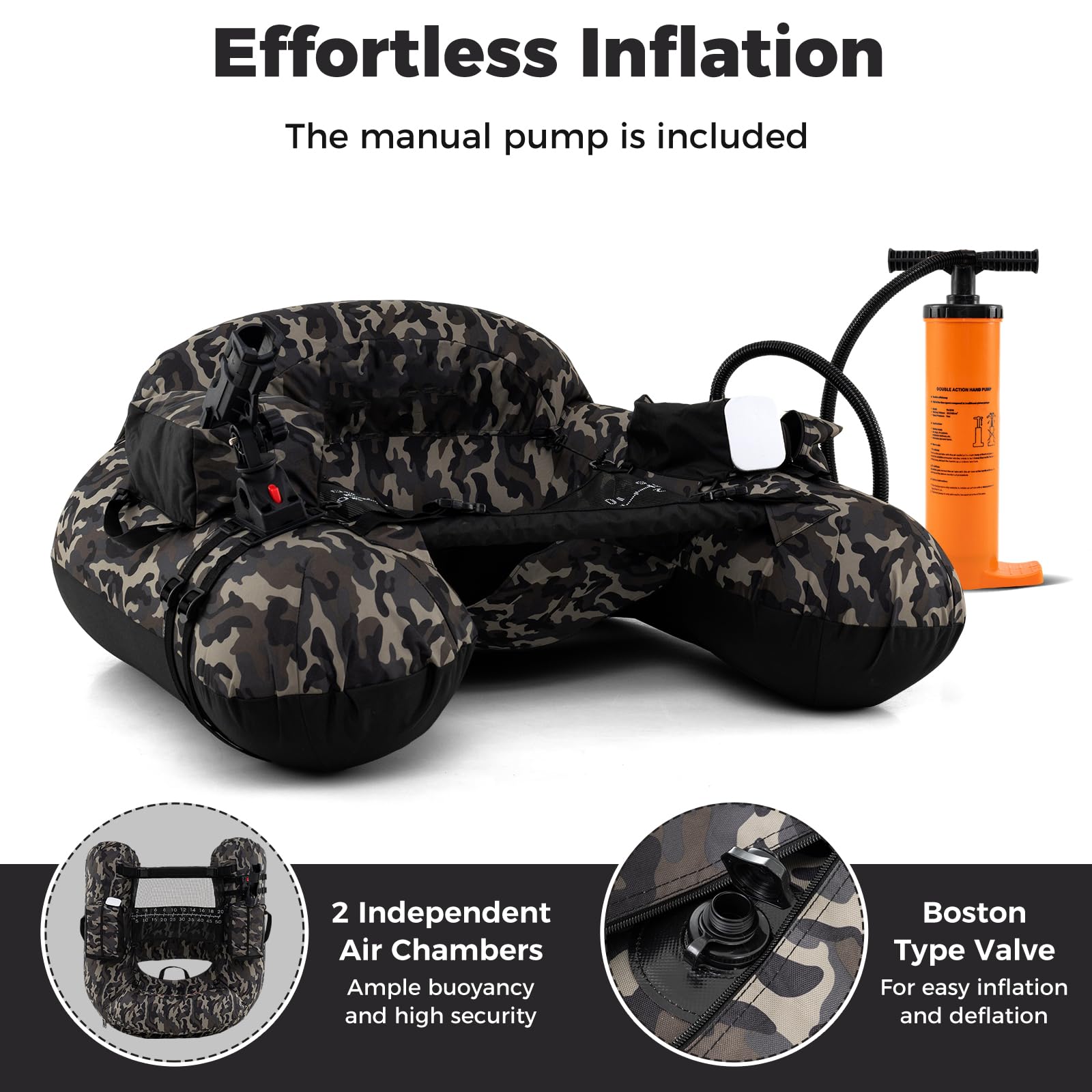 HOMASIS Barco de Pesca Inflable con Bomba, Kayak Hinchable con 2 Aletas y Soporte para Caña, Red de Medición, Mesa de Cebos Equipada, Carga 150kg