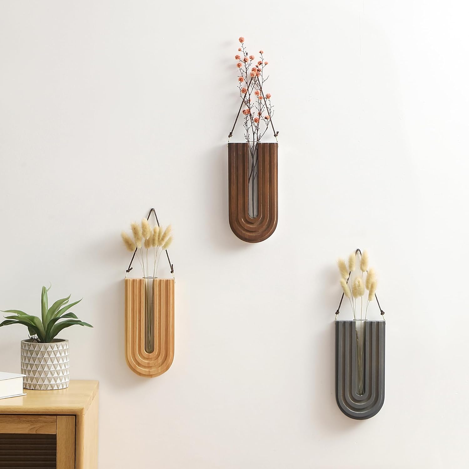 Wood Wall Planter Indoor, Propagation Station, Wooden Hanging Vase for Dried Flowers, Plant Holder, Boho Wall Décor for Living Room Rainbow U Shape (Set of 3) - Image 2