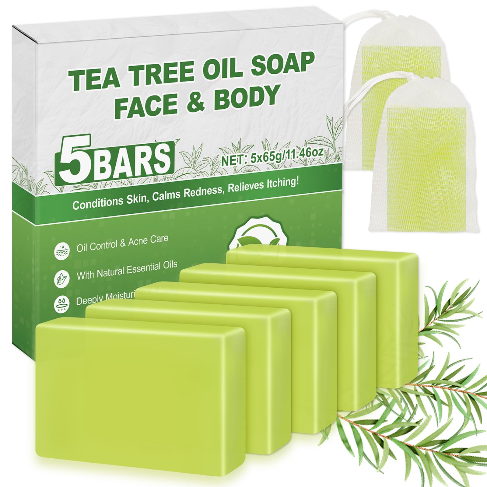 Tea Tree Oil Soap, Natural Soap Bar for Men, Women (5Bars x 2.29oz)